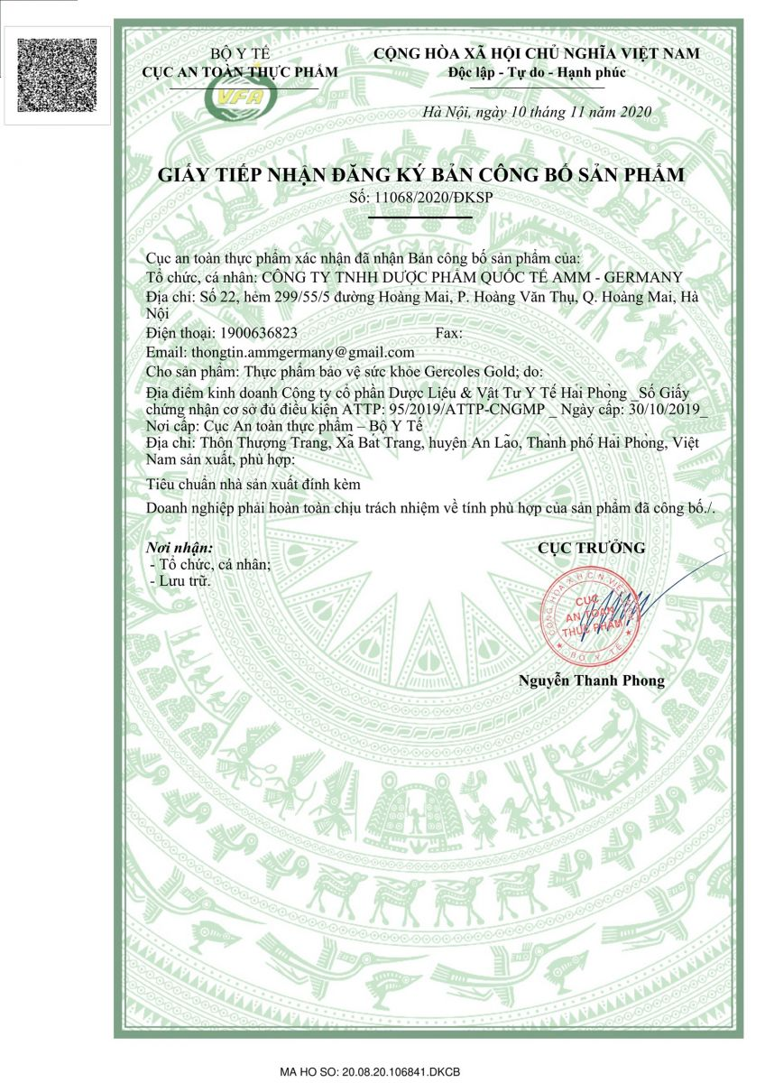 giấy chứng nhận gercoles gold