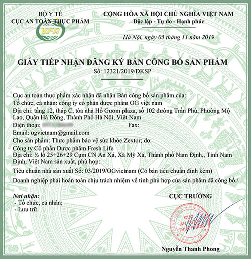 giấy chứng nhận viên sủi zextor