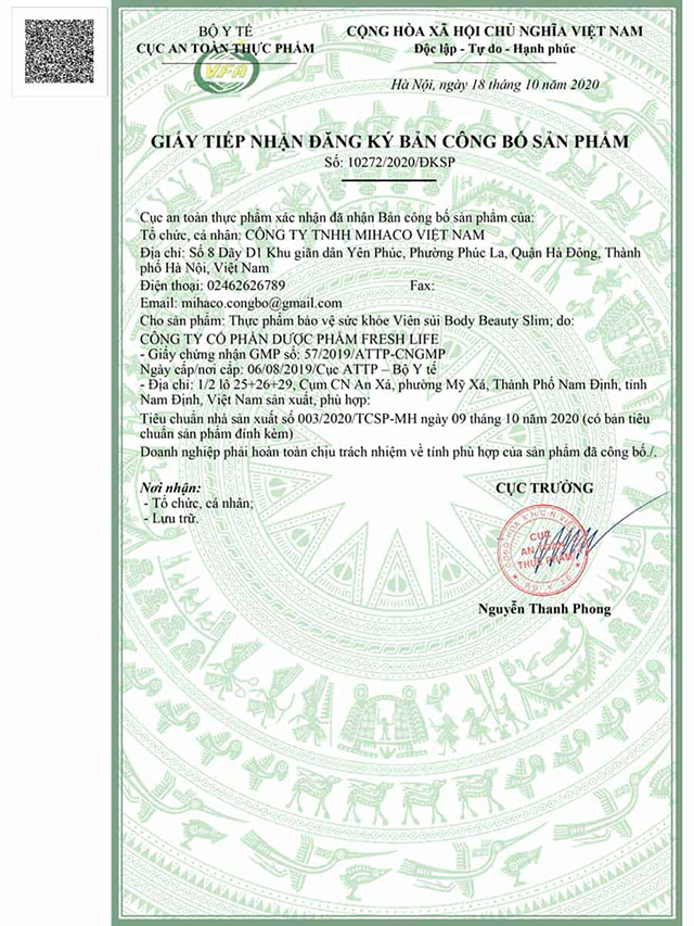 body beauty slim chứng nhận