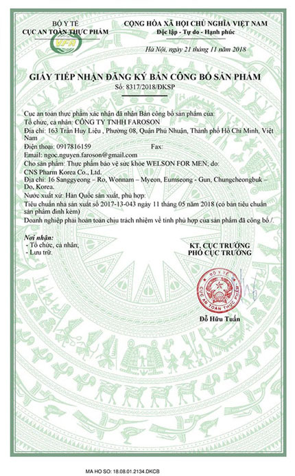chứng nhận welson for men
