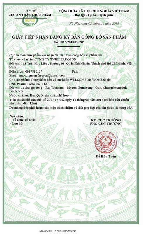 Welson For Women giấy chứng nhận