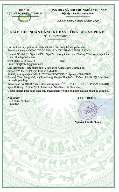 Xuân dược vương chứng nhận