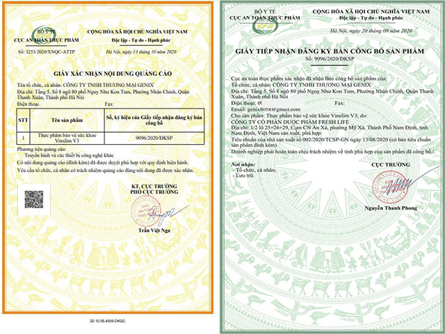 vinslim v3 chứng nhận